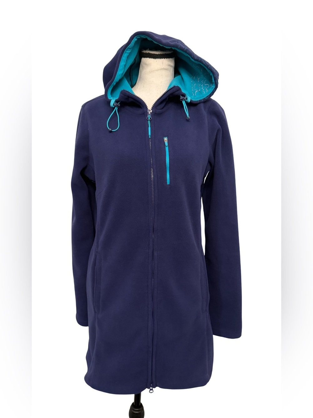 Athleta Swara Hooded Fleece Jacket Indigo Blue Teal Zip Embroidery Small